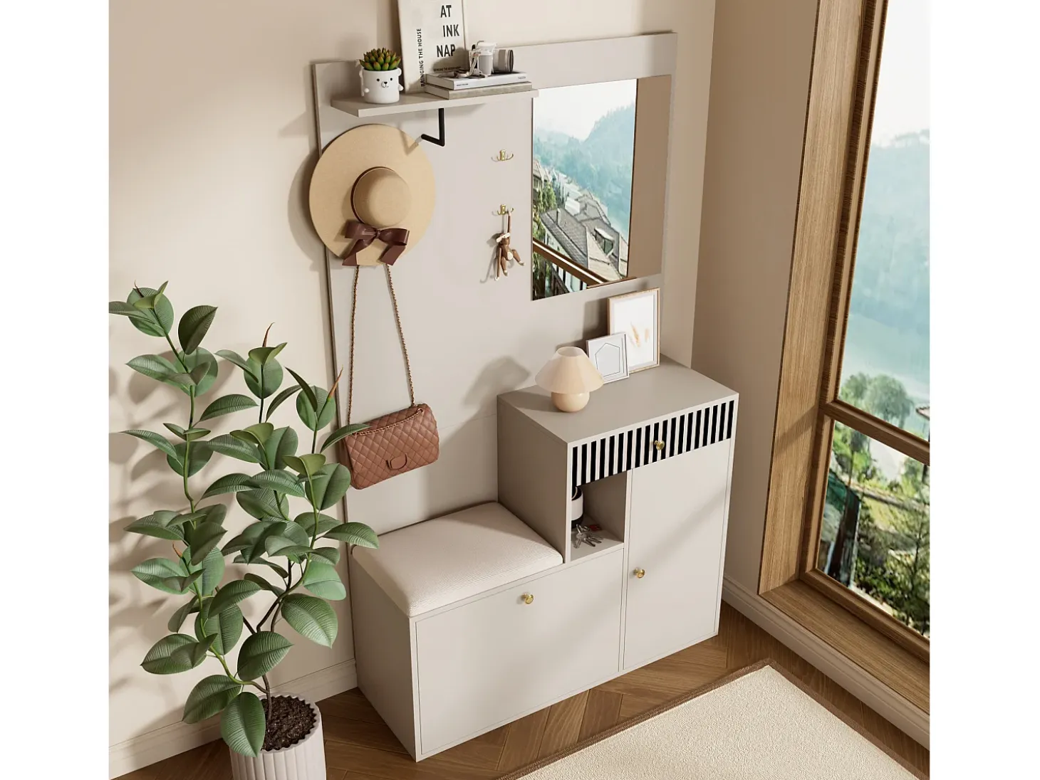 Armario con 2 puertas, cajón, espejo y cojín, material MDF 110x37x185,5 cm