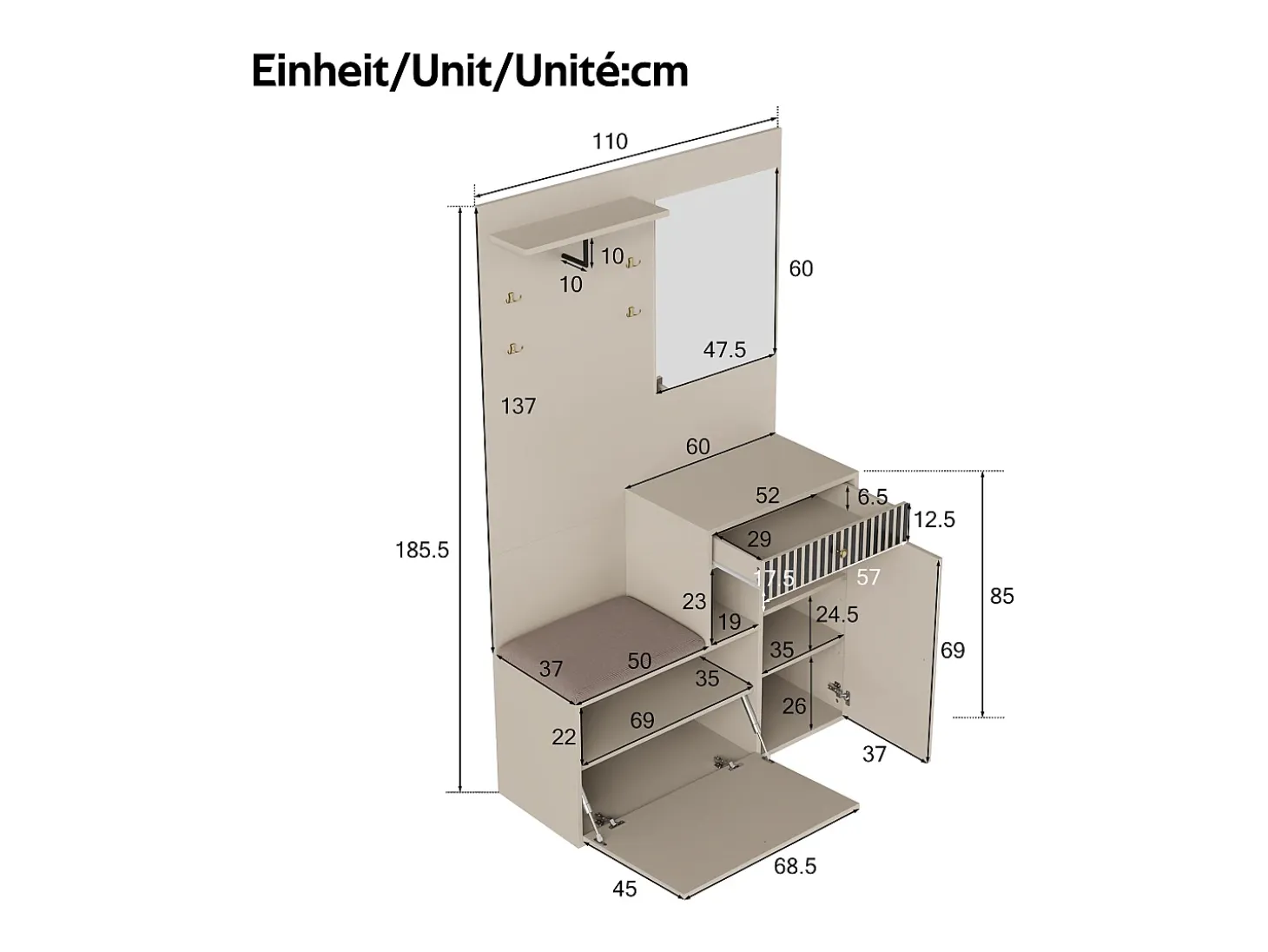 Armario con 2 puertas, cajón, espejo y cojín, material MDF 110x37x185,5 cm