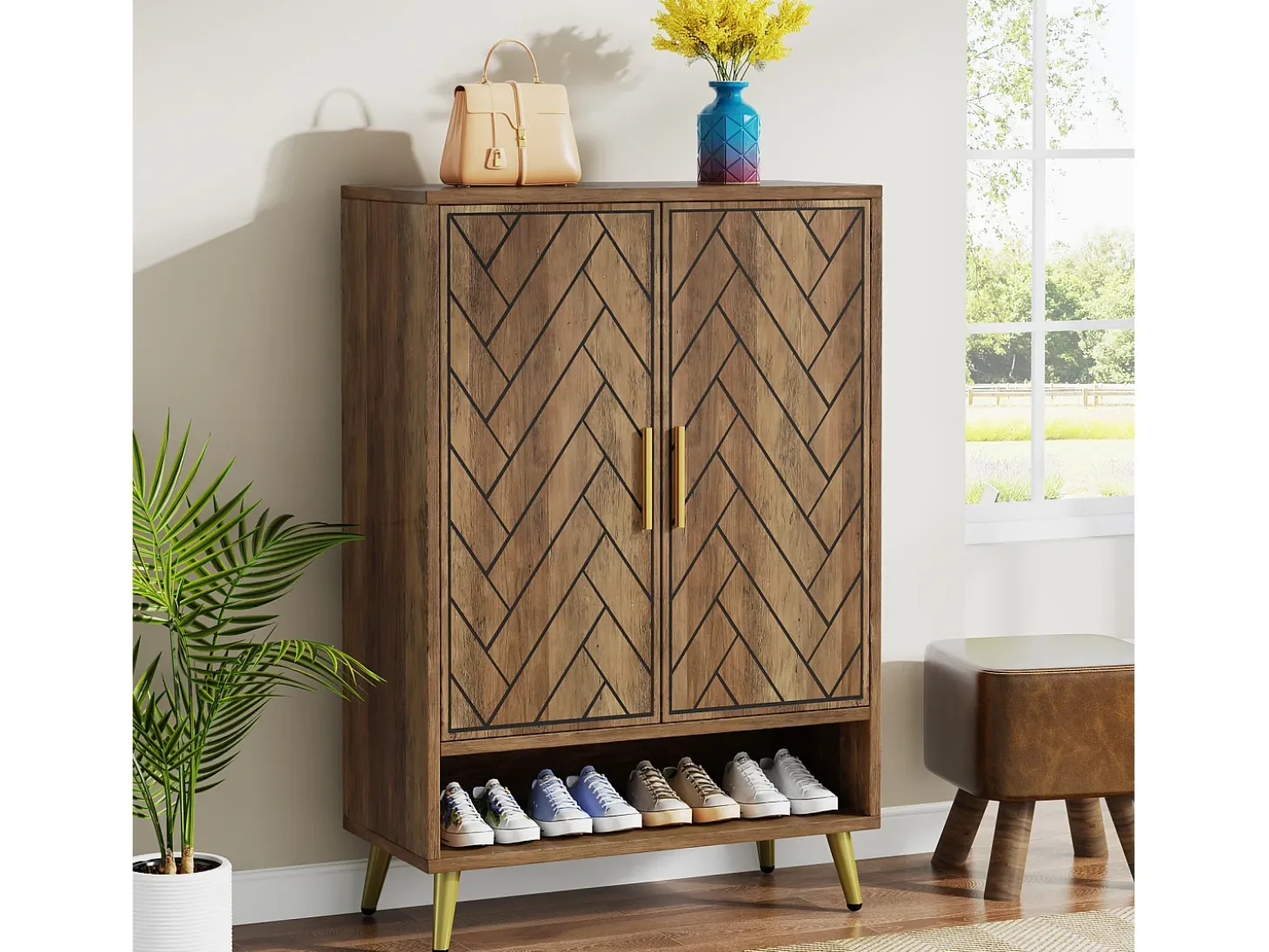 Armario de calzado de 6 niveles con puertas, armario de almacenamiento de calzado de madera con estantes ajustables