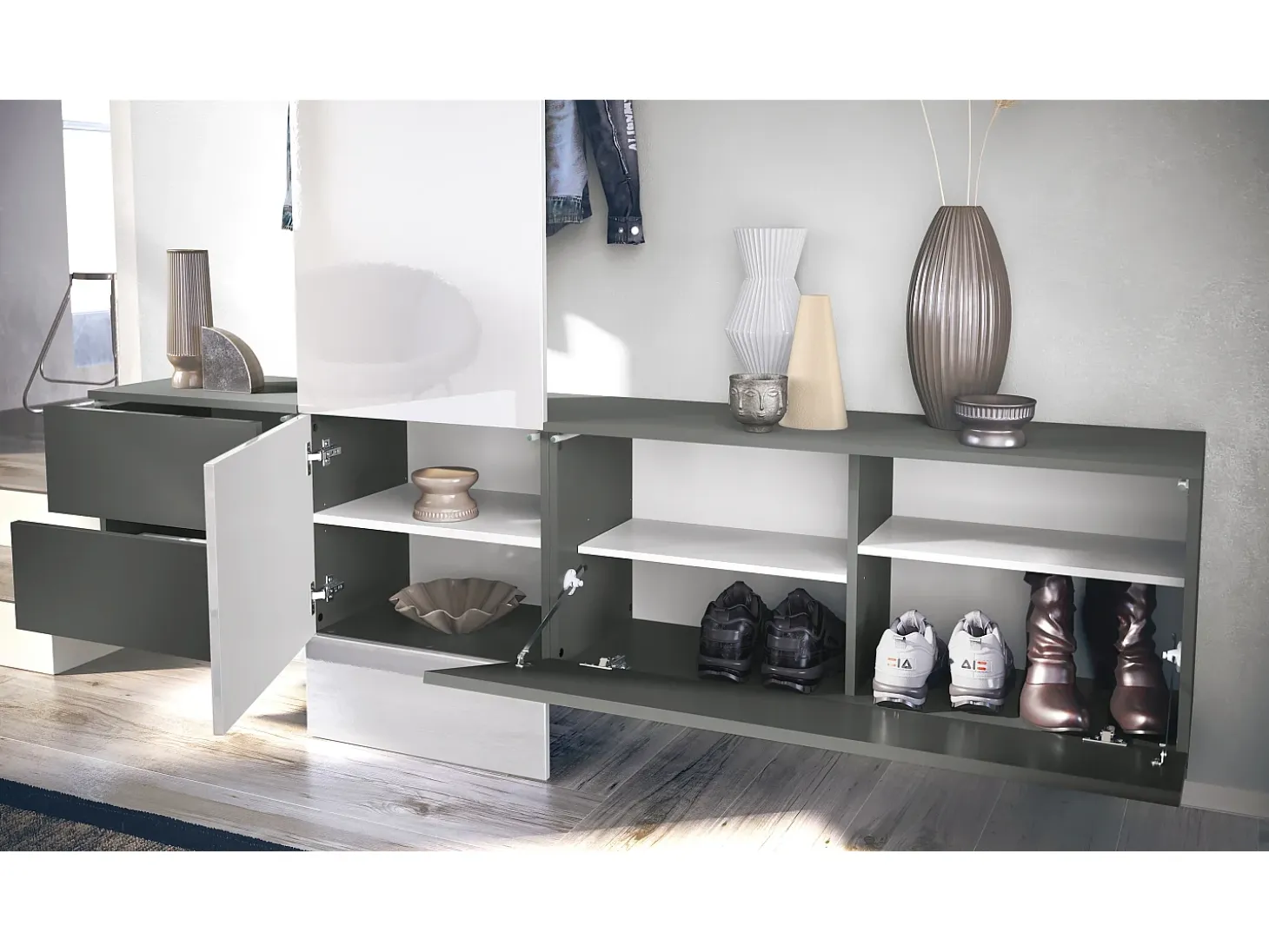 Armario de pared Carlton Set 1, Cuerpo en antracita mate / Panel en gris arena de alto brillo (208 x 193 x 35 cm)