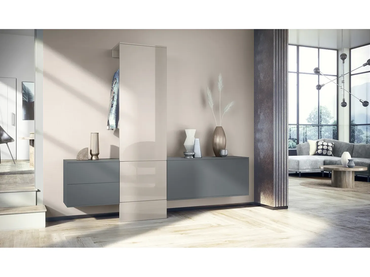 Armario de pared Carlton Set 1, Cuerpo en antracita mate / Panel en gris arena de alto brillo (208 x 193 x 35 cm)