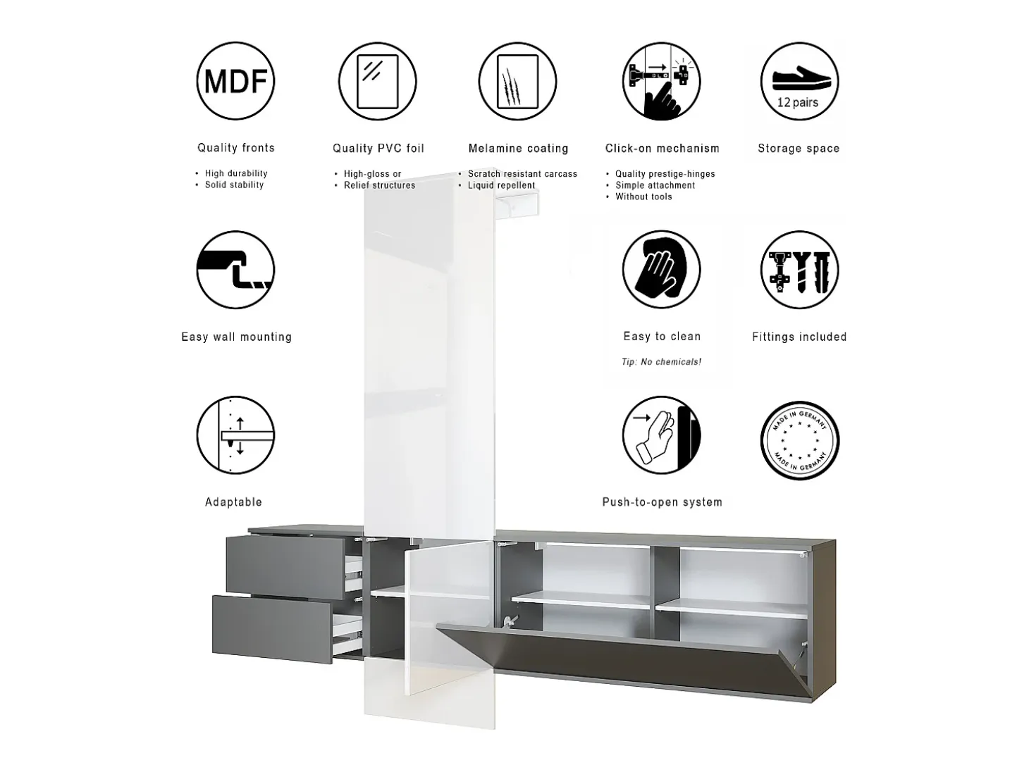 Armario de pared Carlton Set 1, Cuerpo en antracita mate / Panel en gris arena de alto brillo (208 x 193 x 35 cm)