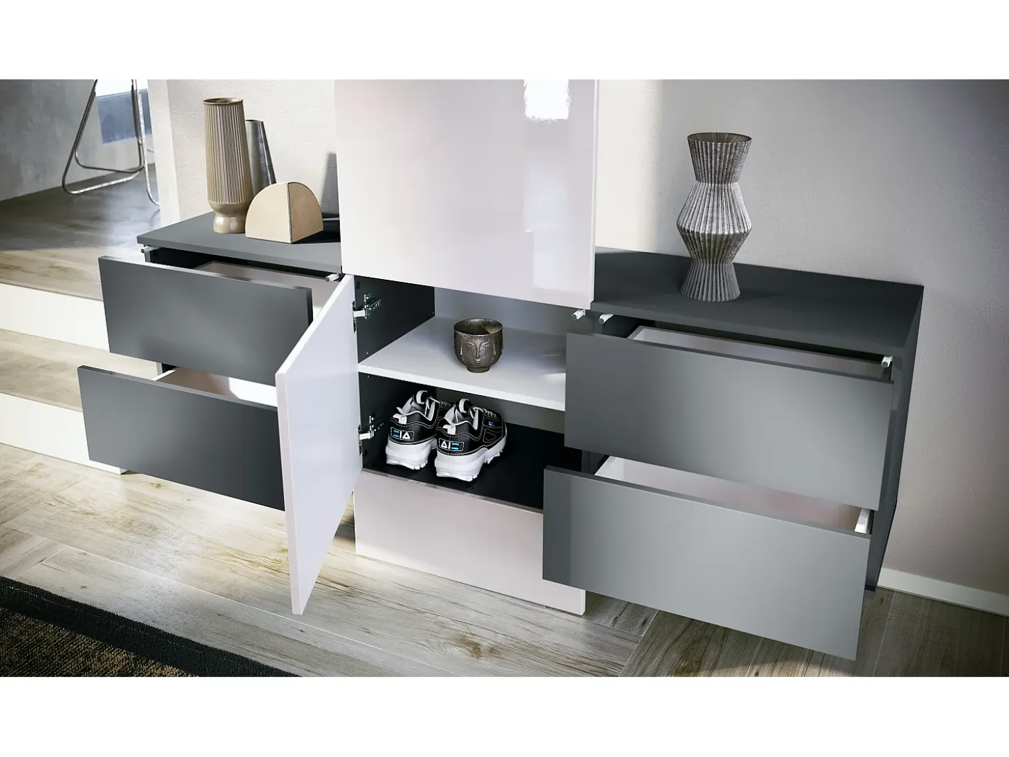 Armario de pared Carlton Set 3, Cuerpo en antracita mate / Panel en negro de alto brillo (157 x 193 x 35 cm)