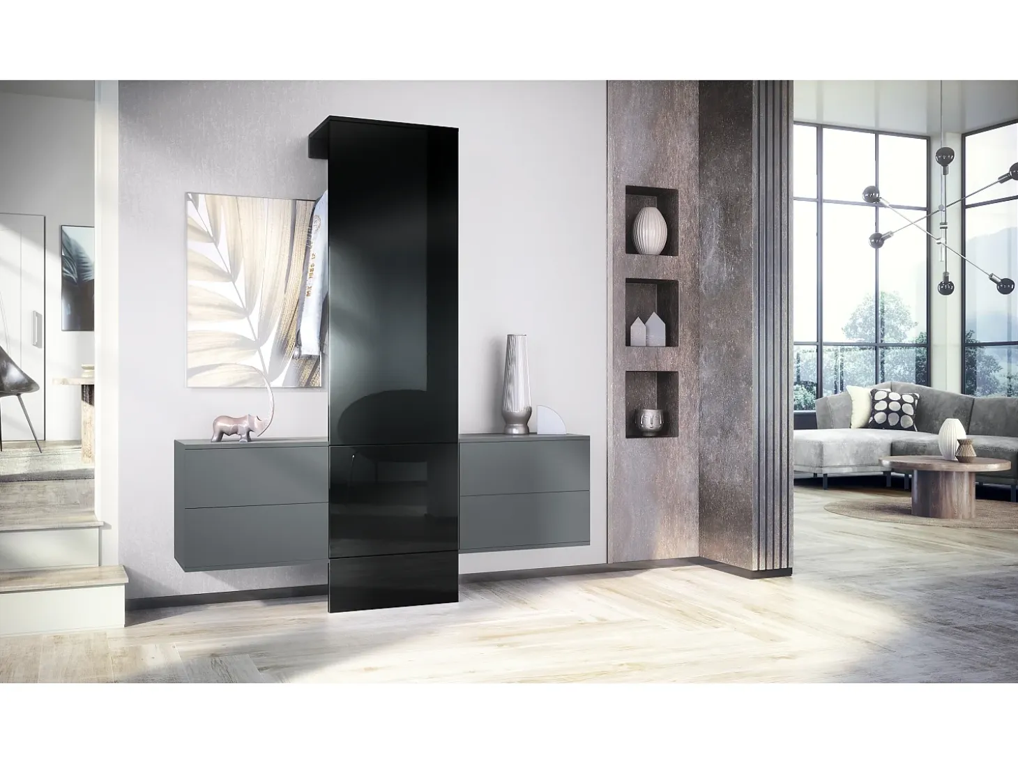 Armario de pared Carlton Set 3, Cuerpo en antracita mate / Panel en negro de alto brillo (157 x 193 x 35 cm)