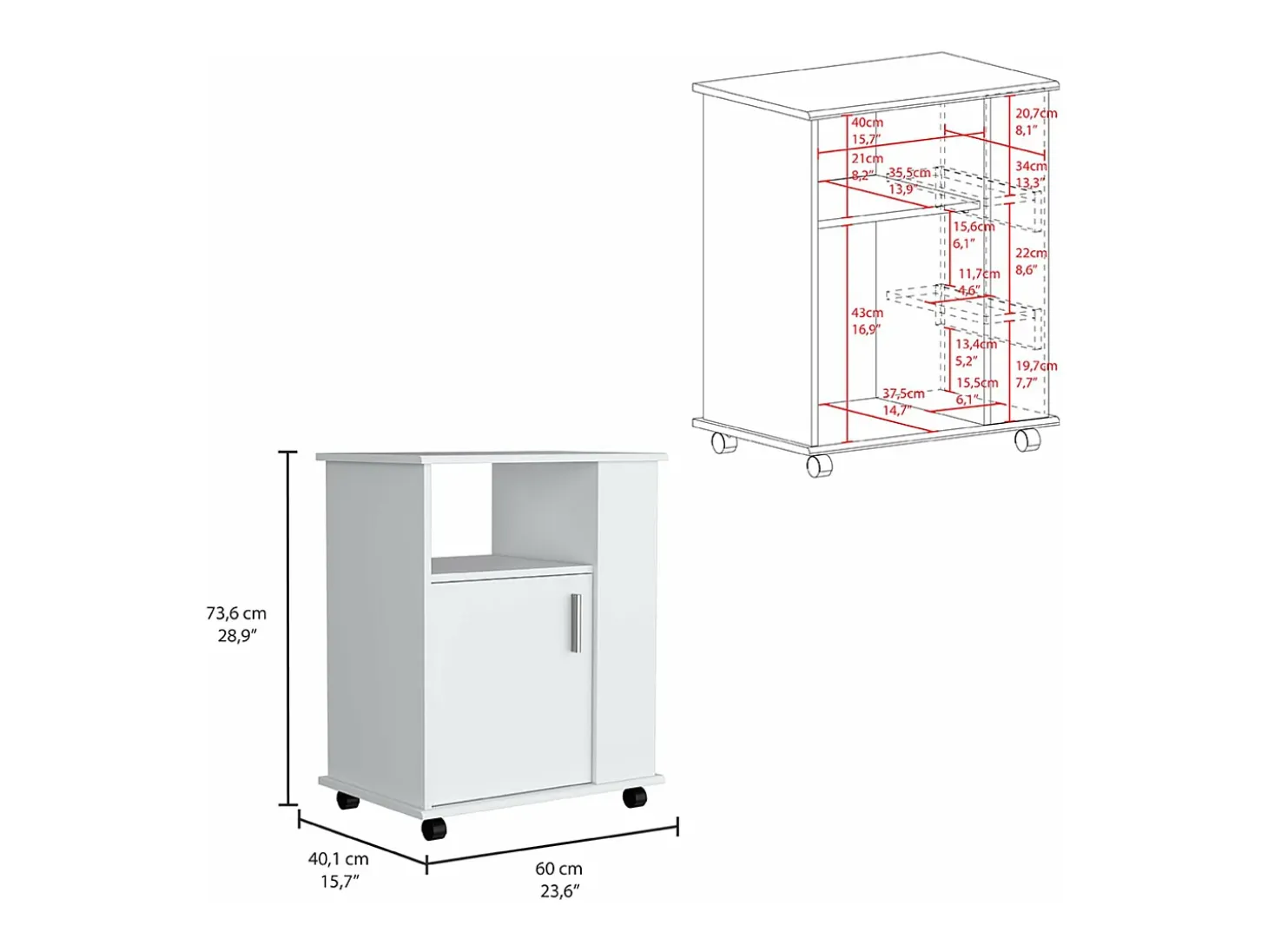 Armario inferior Lower para microondas en melamina con gabinete y 4 estantes , 73.4 cm X 60 cm X 39.8 cm , Blanco