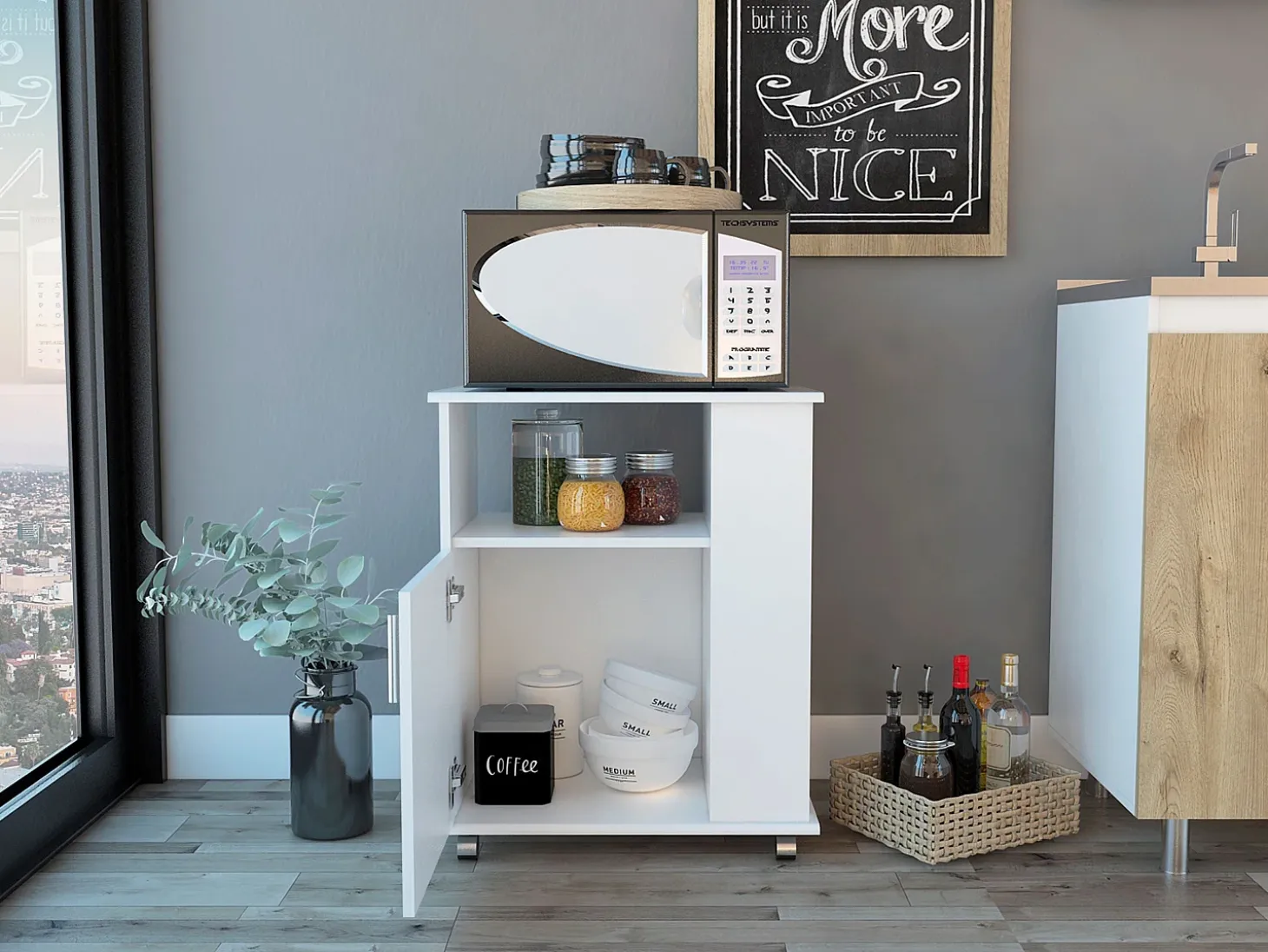 Armario inferior Lower para microondas en melamina con gabinete y 4 estantes , 73.4 cm X 60 cm X 39.8 cm , Blanco