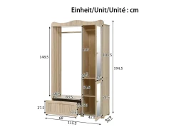 Armario moderno compacto - 115,5 x 38,5 x 194,5 cm - con espejo + espacio para colgar abierto + cajón + 2 puertas - MDF - natural