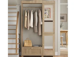 Armario moderno compacto - 115,5 x 38,5 x 194,5 cm - con espejo + espacio para colgar abierto + cajón + 2 puertas - MDF - natural