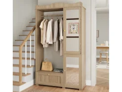 Armario moderno compacto - 115,5 x 38,5 x 194,5 cm - con espejo + espacio para colgar abierto + cajón + 2 puertas - MDF - natural
