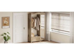 Armario moderno compacto - 115,5 x 38,5 x 194,5 cm - con espejo + espacio para colgar abierto + cajón + 2 puertas - MDF - natural
