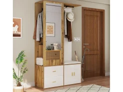Armario multifunción con espejo, zapatero, banco de almacenaje y perchero extensible, Blanco y Madera (100x38x180 cm)