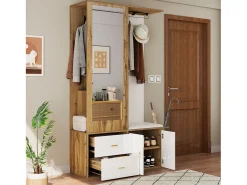 Armario multifunción con espejo, zapatero, banco de almacenaje y perchero extensible, Blanco y Madera (100x38x180 cm)