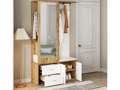Armario multifunción con espejo, zapatero, banco de almacenaje y perchero extensible, Blanco y Madera (100x38x180 cm)