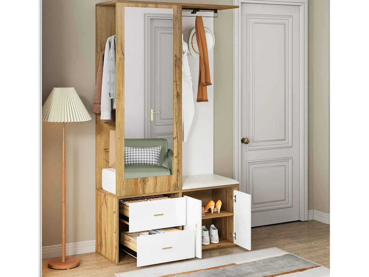Armario multifunción con espejo, zapatero, banco de almacenaje y perchero extensible, Blanco y Madera (100x38x180 cm)