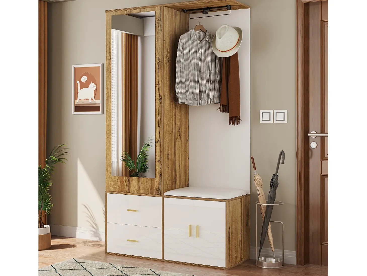 Armario multifunción con espejo, zapatero, banco de almacenaje y perchero extensible, Blanco y Madera (100x38x180 cm)