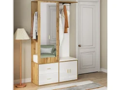 Armario multifunción con espejo, zapatero, banco de almacenaje y perchero extensible, Blanco y Madera (100x38x180 cm)
