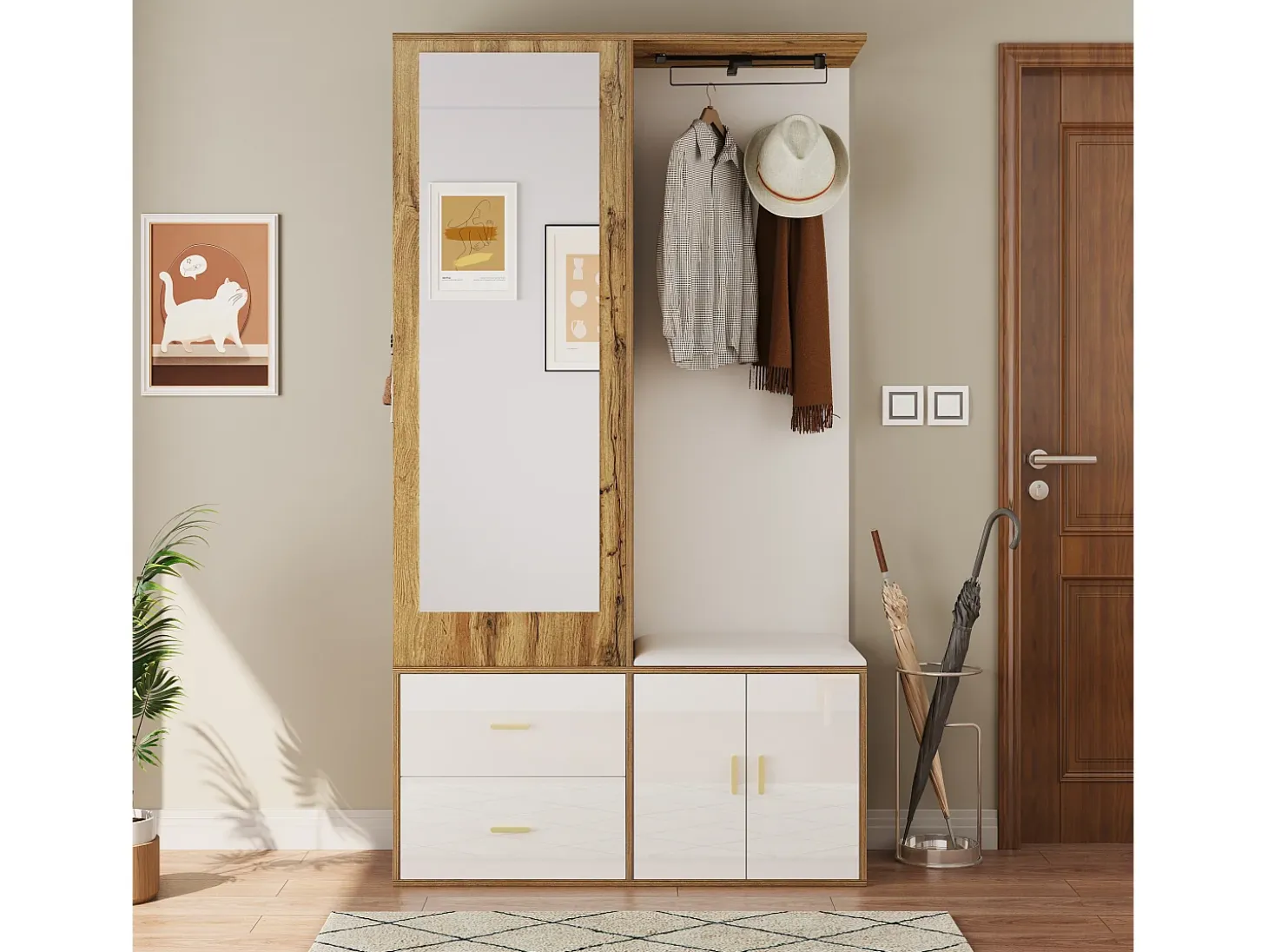 Armario multifunción con espejo, zapatero, banco de almacenaje y perchero extensible, Blanco y Madera (100x38x180 cm)
