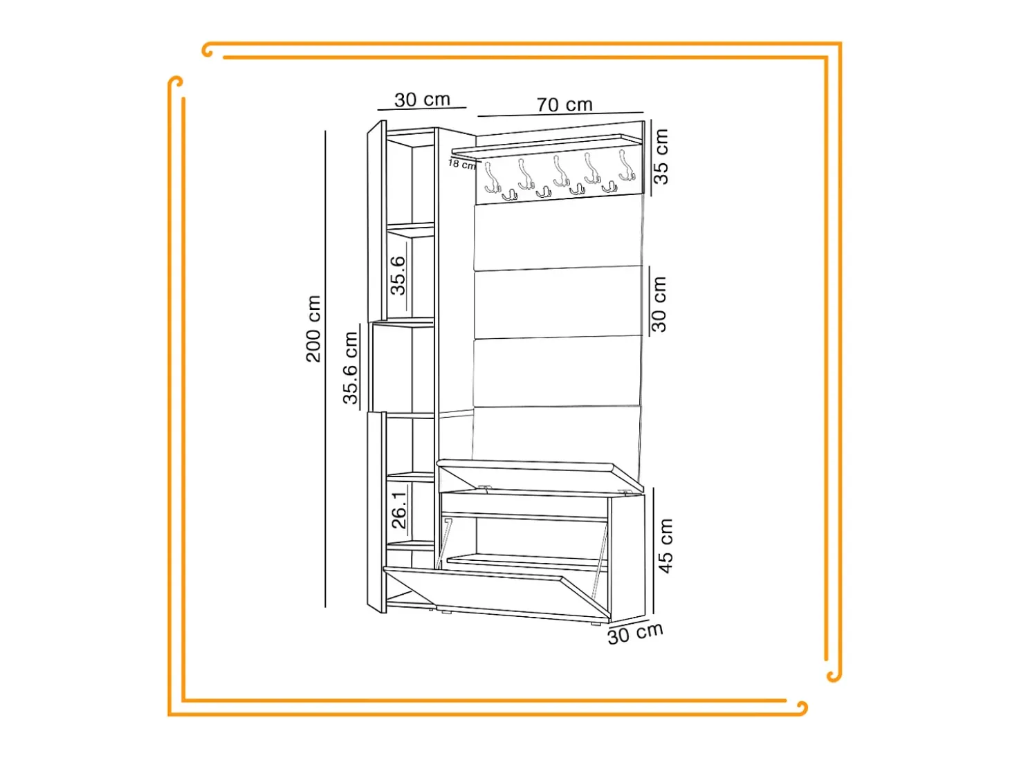 Armario para el recibidor con asiento, perchero, panel tapizado en Dorado Craft y Negro