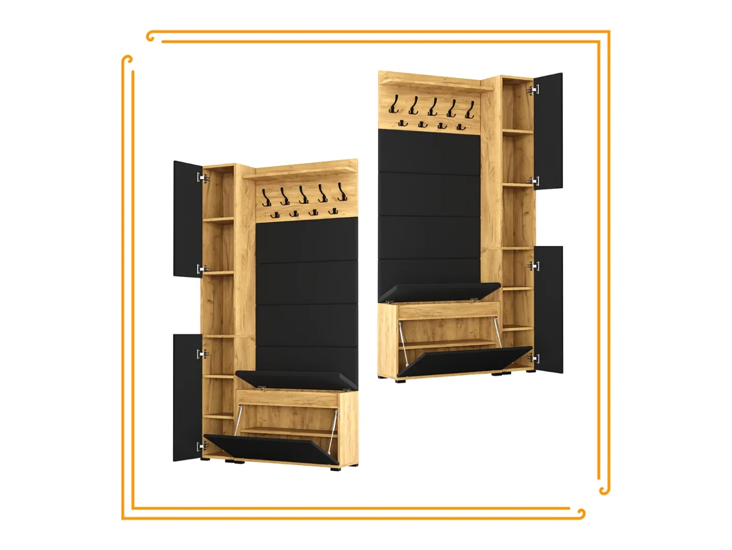 Armario para el recibidor con asiento, perchero, panel tapizado en Dorado Craft y Negro
