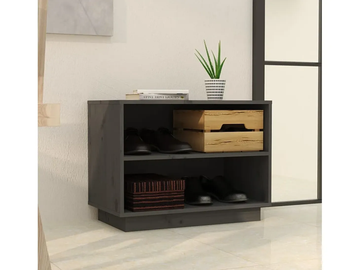 Armario zapatero de madera maciza de pino gris 60x34x45 cm ES515356