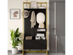 Armario/trastero con espejo + zapatero - ganchos metálicos - 78 x 38,5 x 180,5 cm - MDF - negro