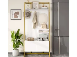 Armario/trastero con espejo + zapatero - ganchos metálicos - 78 x 38,5 x 180,5 cm - MDF - blanco