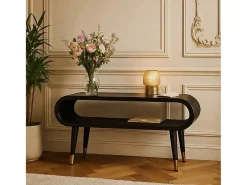 Artisan Furniture Madera maciza Mueble multimedia con bordes curvados y detalles en latón