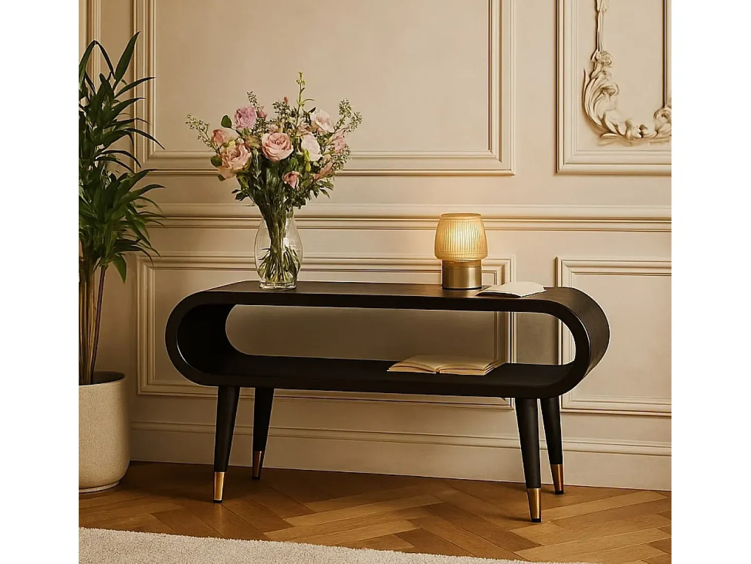 Artisan Furniture Madera maciza Mueble multimedia con bordes curvados y detalles en latón