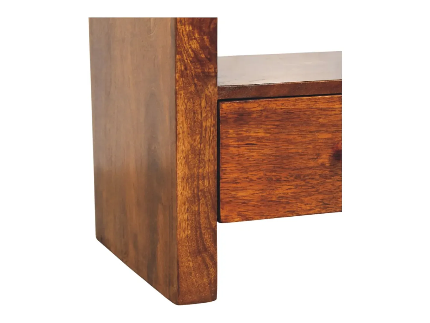 Artisan Furniture Madera maciza Unidad multimedia Darcy con 3 cajones y estantes abiertos, en castaño
