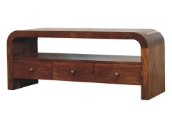 Artisan Furniture Madera maciza Unidad multimedia Darcy con 3 cajones y estantes abiertos, en castaño
