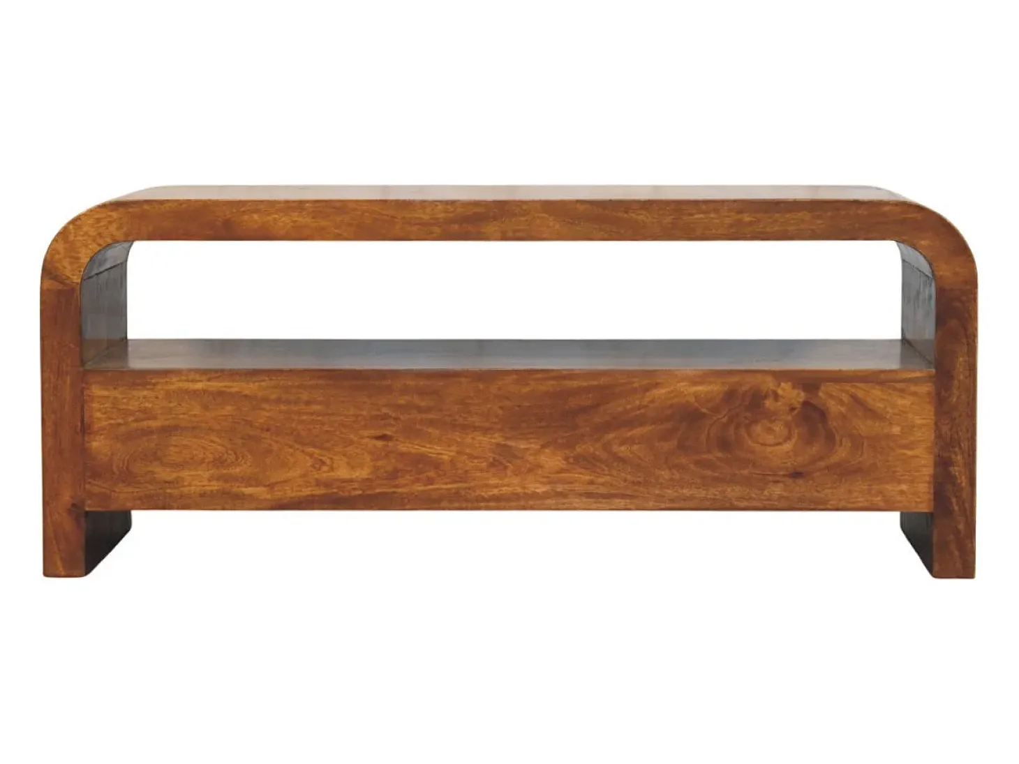 Artisan Furniture Madera maciza Unidad multimedia Darcy con 3 cajones y estantes abiertos, en castaño