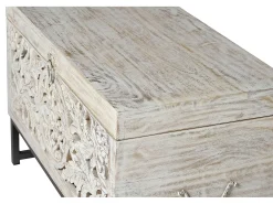 Baúl madera de mango y patas metal en blanco envejecido
