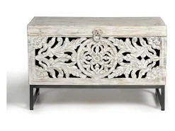 Baúl madera de mango y patas metal en blanco envejecido