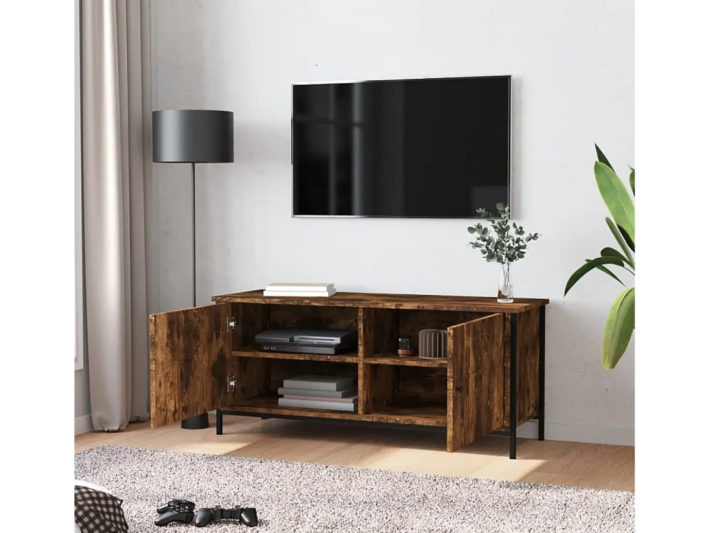 Ballyknockan Mueble TV con puertas contrachapada roble ahumado 102x35x45 cm