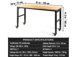 Bancada de Oficina Ajustable SucceBuy, 155x51x105 cm, Altura Ajustable 80-105 cm, con 4 Rodillos para Reparación y Bricolaje