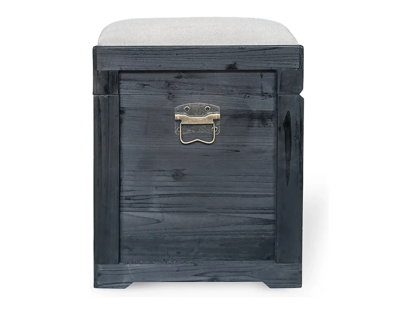 Banco baúl con cojín de lino, L. 80 x An. 40 x Al. 53 cm, Negro y beige, TURZA