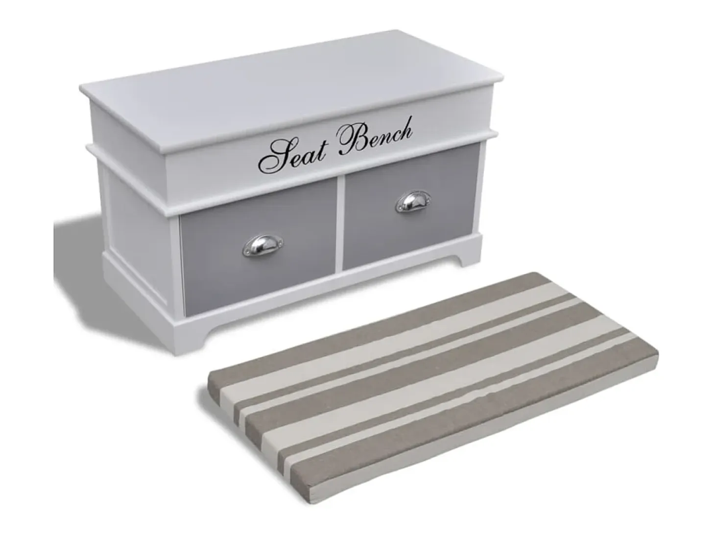 Banco baúl de madera y cojin gris, con cajones