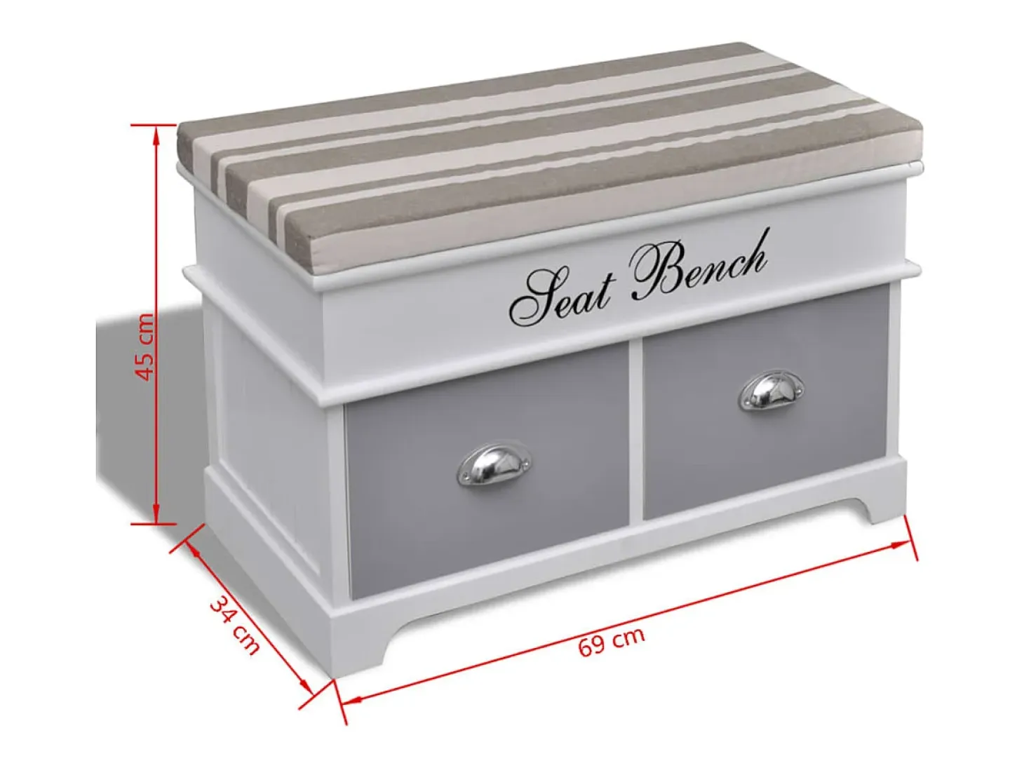 Banco baúl de madera y cojin gris, con cajones
