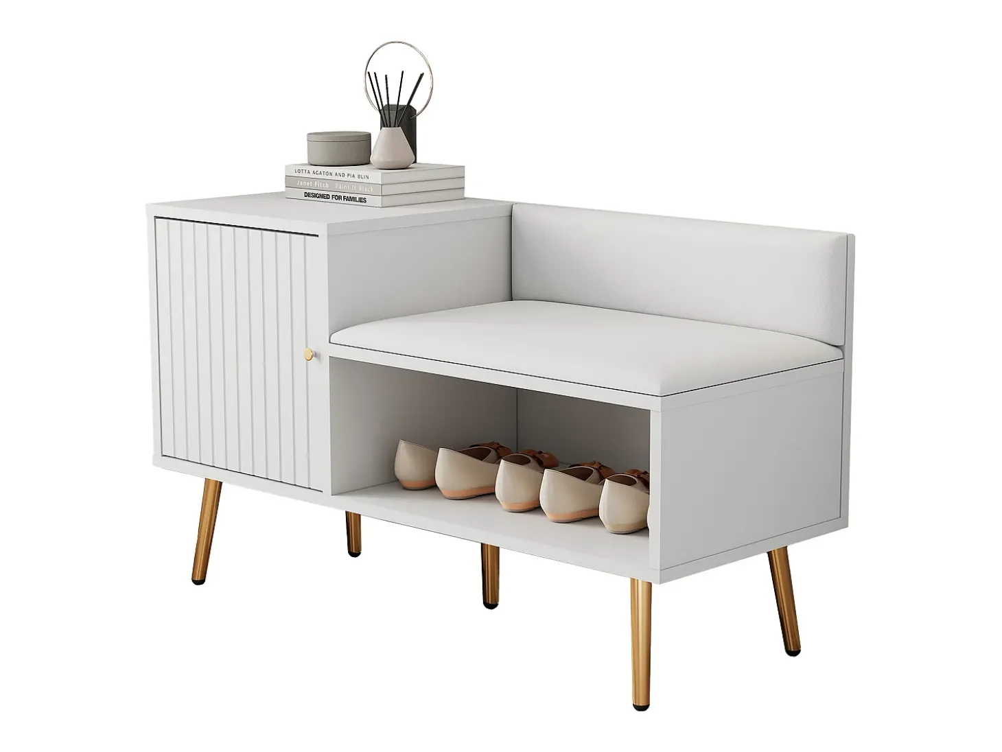 Banco de almacenaje moderno con respaldo, asiento de PU y 3 puertas de almacenaje, patas de metal, blanco (100x34x58 cm)