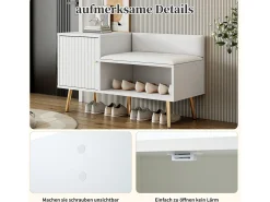 Banco de almacenaje moderno con respaldo, asiento de PU y 3 puertas de almacenaje, patas de metal, blanco (100x34x58 cm)