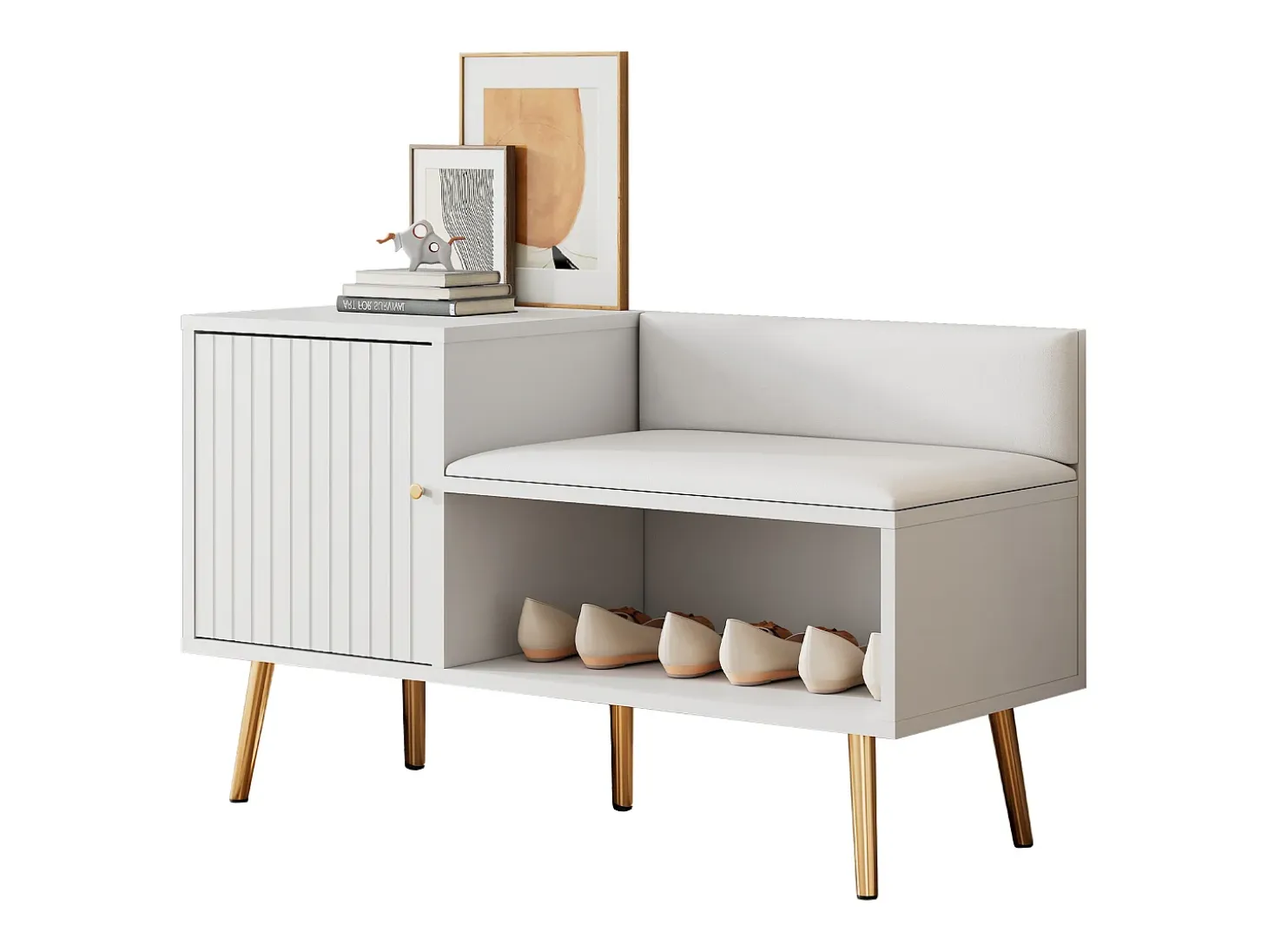 Banco de almacenaje moderno con respaldo, asiento de PU y 3 puertas de almacenaje, patas de metal, blanco (100x34x58 cm)
