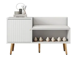 Banco de almacenaje moderno con respaldo, asiento de PU y 3 puertas de almacenaje, patas de metal, blanco (100x34x58 cm)