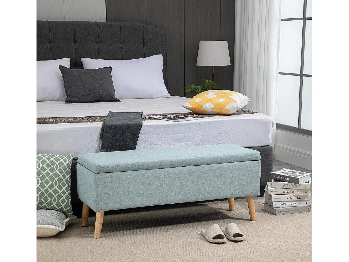 Banco de almacenaje verde claro, diseño escandinavo, poliéster y madera de caucho, con asiento acolchado (110x39x45cm)