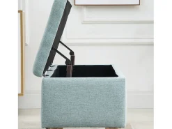 Banco de almacenaje verde claro, diseño escandinavo, poliéster y madera de caucho, con asiento acolchado (110x39x45cm)