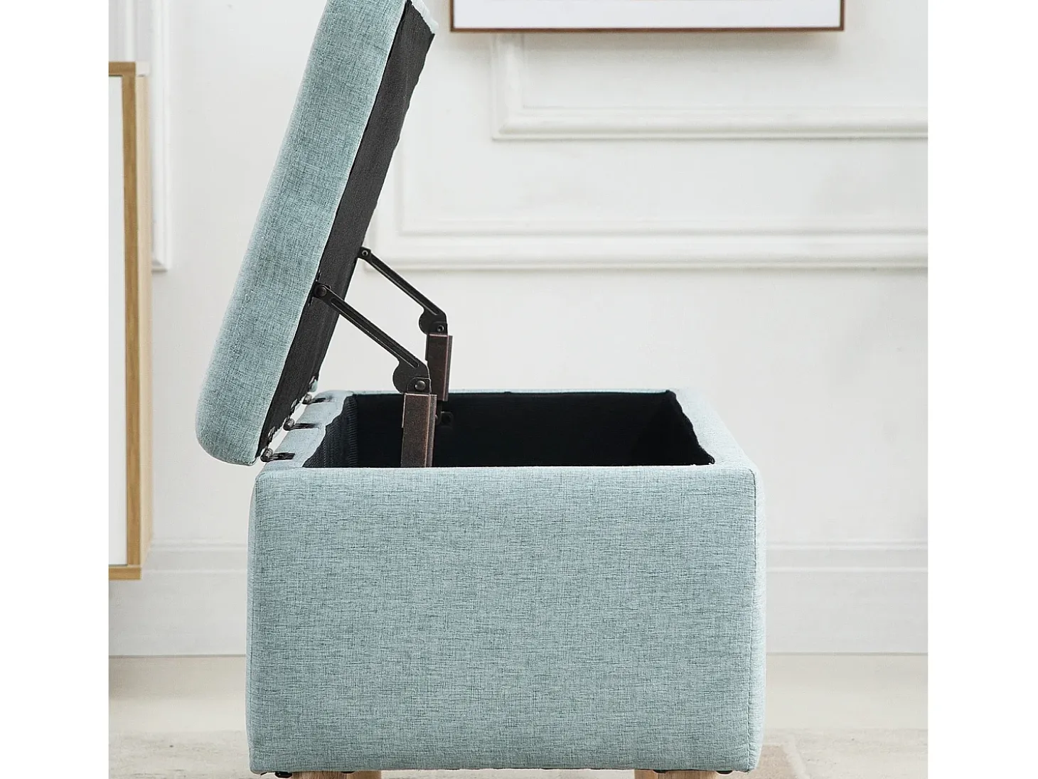 Banco de almacenaje verde claro, diseño escandinavo, poliéster y madera de caucho, con asiento acolchado (110x39x45cm)