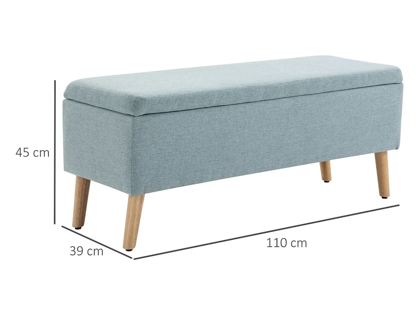 Banco de almacenaje verde claro, diseño escandinavo, poliéster y madera de caucho, con asiento acolchado (110x39x45cm)