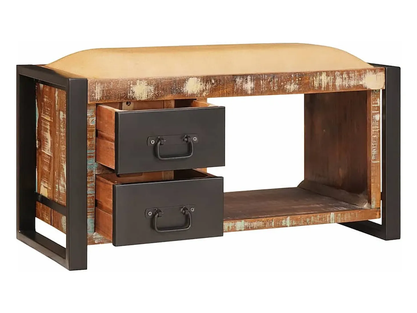 Banco de almacenamiento multicolor de madera maciza recuperada