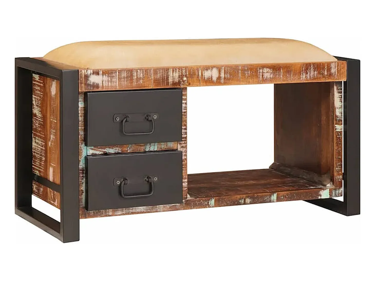Banco de almacenamiento multicolor de madera maciza recuperada