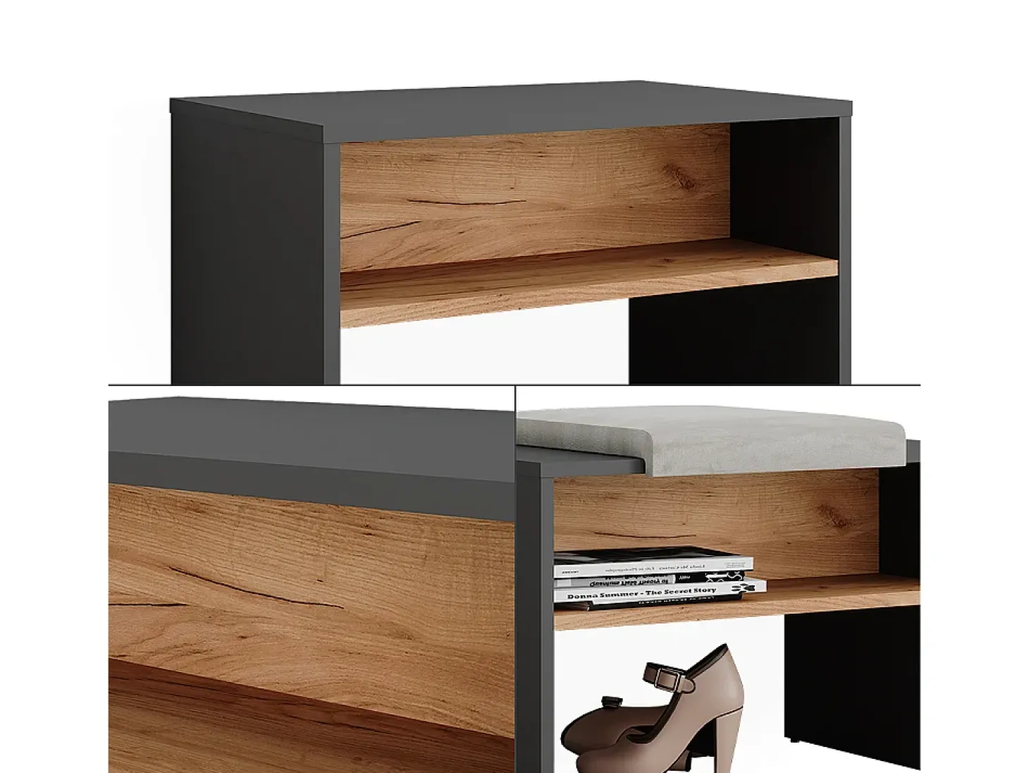 Banco para zapatos antracita/roble dorado 60x40x60 orlando