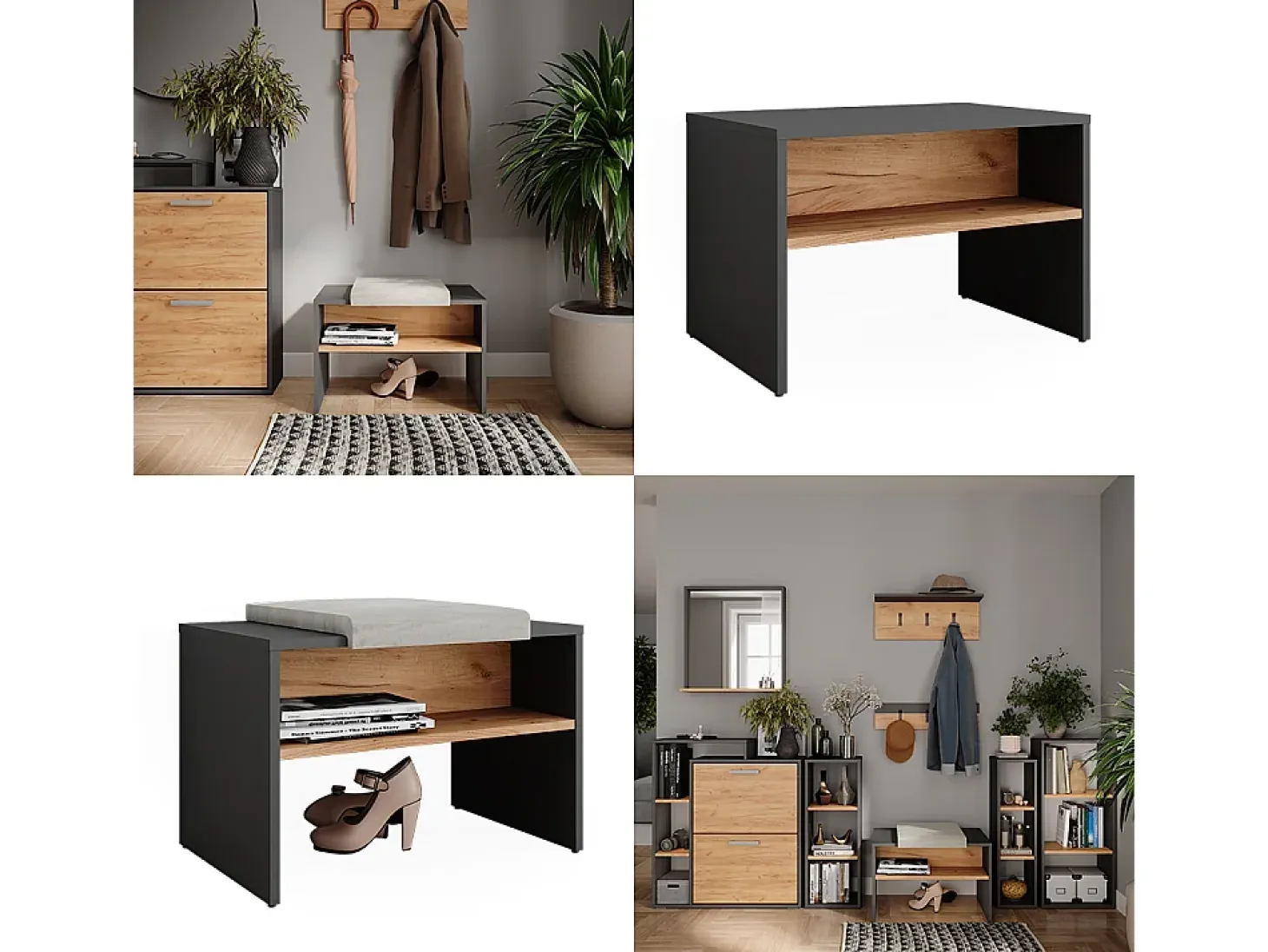 Banco para zapatos antracita/roble dorado 60x40x60 orlando